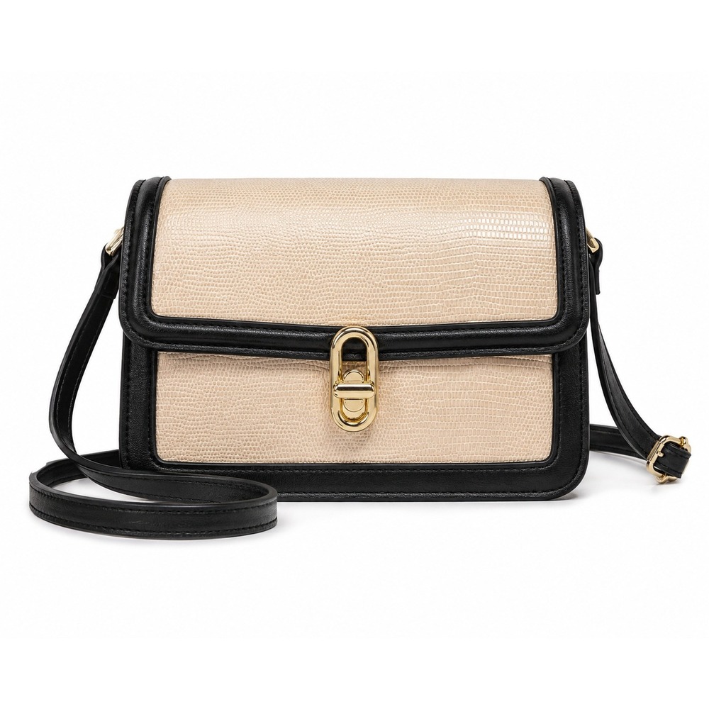Jules Kae Vegan Leather Crossbody Bag Cream Black Lizard Embossed Gold Hardware